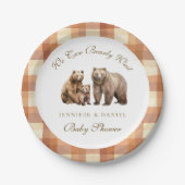 Rustic Brown Plaid Grizzly Bear Family Baby Shower ペーパープレート (正面)