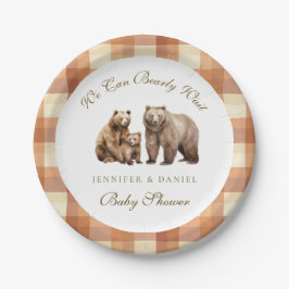 Rustic Brown Plaid Grizzly Bear Family Baby Shower ペーパープレート
