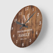 Rustic Brown Wood Custom Family Monogram and Name ラウンド壁時計 (傾斜)
