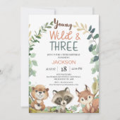 Rustic Brown Woodland Young Wild Three Birthday 招待状 (正面)