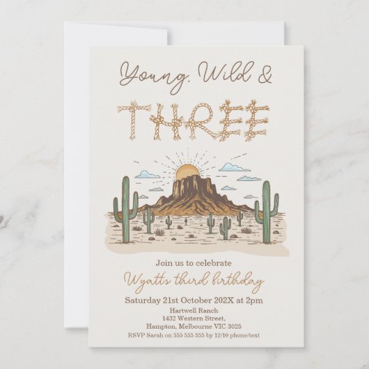 Rustic Brown Young Wild and Three 3rd Birthday 招待状 (正面)