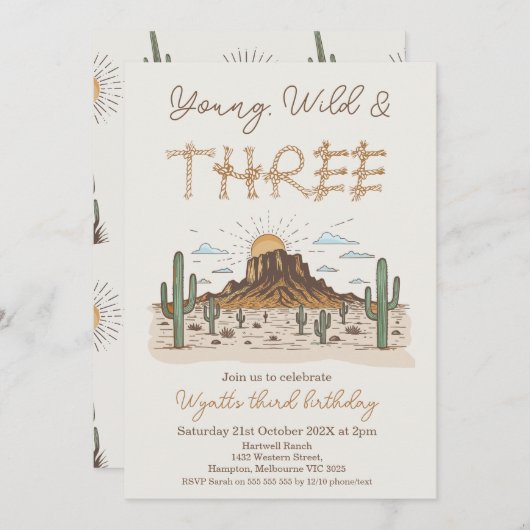 Rustic Brown Young Wild and Three 3rd Birthday 招待状 (正面/裏面)