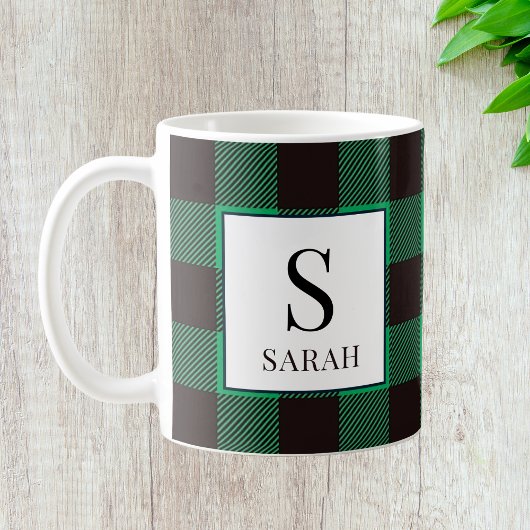 Rustic Buffalo Green & Black Plaid Monogram Name コーヒーマグカップ