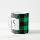 Rustic Buffalo Green & Black Plaid Monogram Name コーヒーマグカップ (正面左)