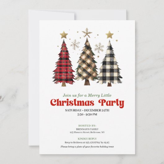 Rustic buffalo plaid Christmas tree holiday invite 招待状 (正面)
