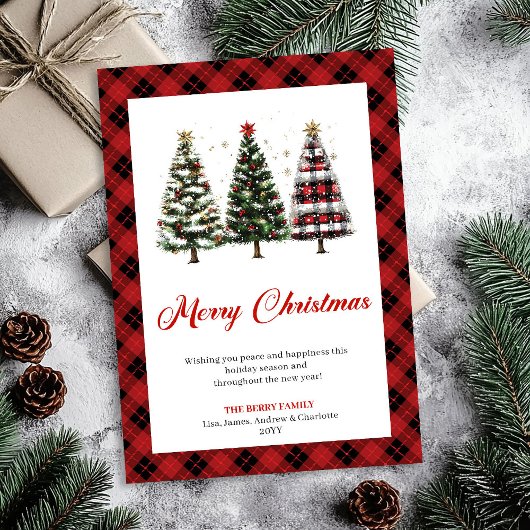 Rustic Buffalo Plaid Christmas Tree Watercolor シーズンカード