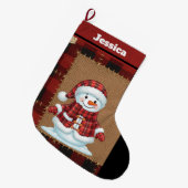 Rustic Buffalo Plaid Custom Name Snowman ラージクリスマスストッキング (正面 (吊り時))