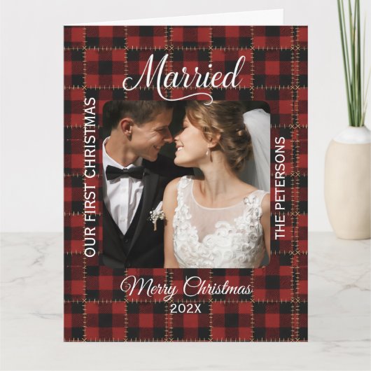 Rustic Buffalo Plaid Married First Christmas  カード (正面)