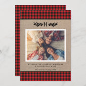 Rustic Buffalo Plaid Monogrammed Photo Christmas シーズンカード (正面/裏面)