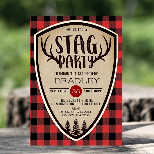 Rustic Buffalo Plaid Stag Party 招待状