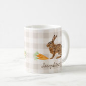 Rustic Bunny And Carrots With Name Beige Gingham コーヒーマグカップ (正面右)
