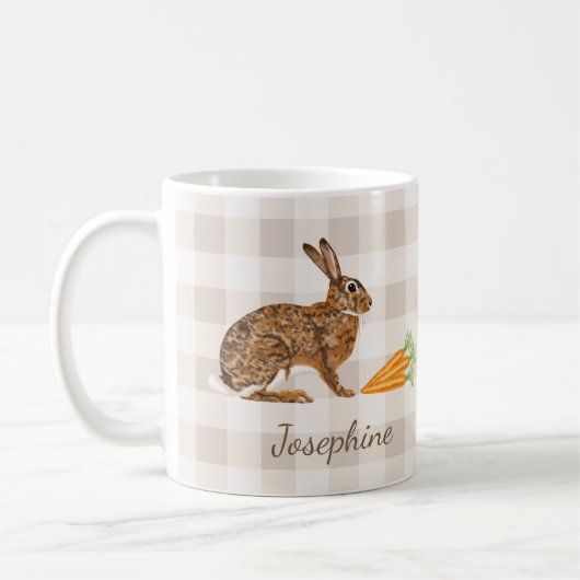 Rustic Bunny And Carrots With Name Beige Gingham コーヒーマグカップ (左)