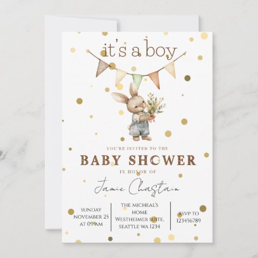 Rustic Bunny Baby Boy Invitation 招待状 (正面)