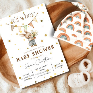 Rustic Bunny Baby Boy Invitation 招待状