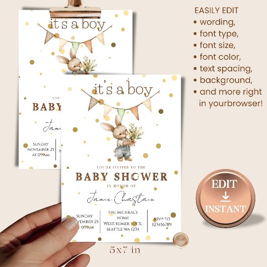 Rustic Bunny Baby Boy Invitation 招待状