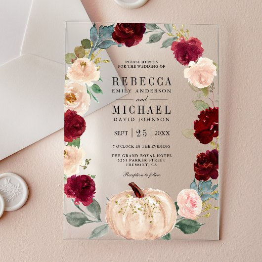 Rustic Burgundy and Peach Floral Pumpkin Wedding アクリル招待状
