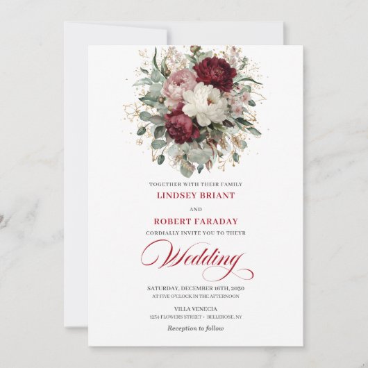 Rustic Burgundy and White Flowers Wedding Invite 招待状 (正面)
