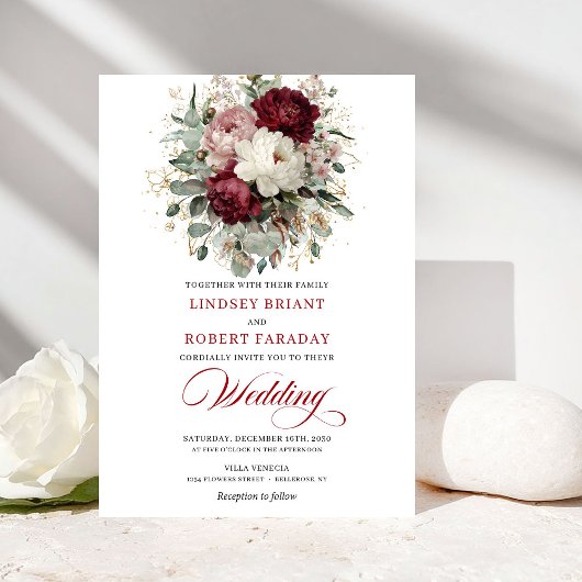 Rustic Burgundy and White Flowers Wedding Invite 招待状