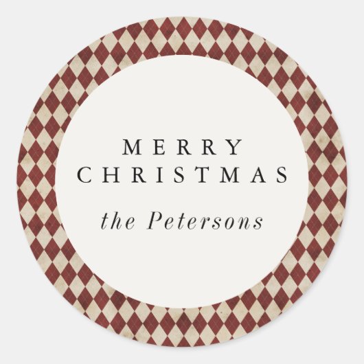 Rustic Burgundy Argyle Holiday ラウンドシール (正面)