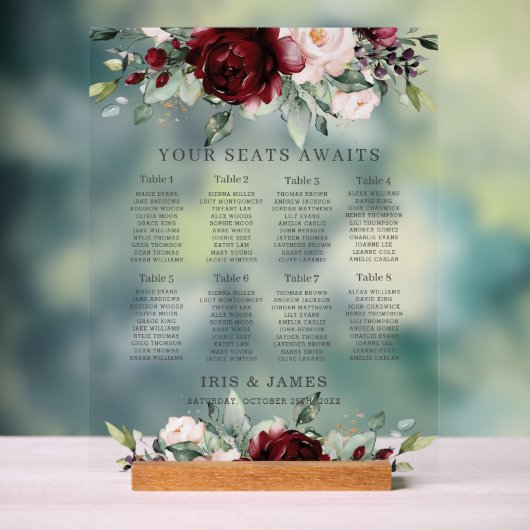 Rustic Burgundy Blush Floral Wedding Seating Chart アクリルサイン (ニュートラル)