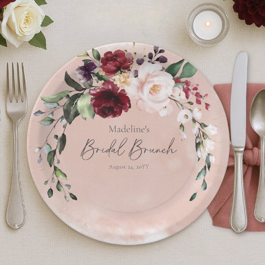 Rustic Burgundy & Blush Pink Roses Bridal Brunch ペーパープレート