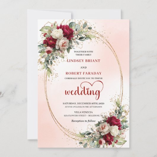 Rustic Burgundy Bohemian Floral Wedding Invitation 招待状 (正面)