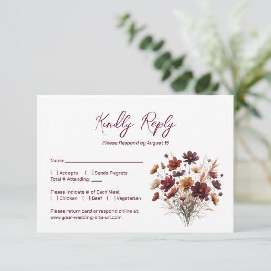 Rustic Burgundy Boho Chic Wildflowers Wedding 出欠カード (スタンド正面)