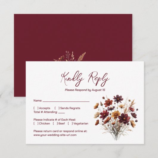 Rustic Burgundy Boho Chic Wildflowers Wedding 出欠カード (正面/裏面)
