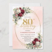 Rustic Burgundy Boho Flowers 80th Birthday Invites 招待状 (正面)