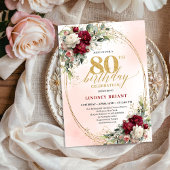 Rustic Burgundy Boho Flowers 80th Birthday Invites 招待状