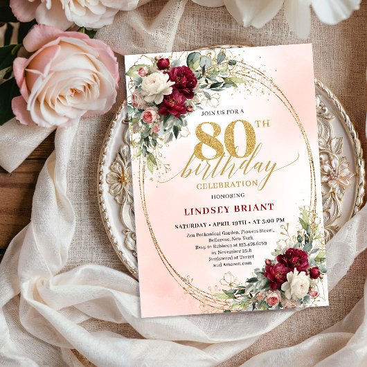 Rustic Burgundy Boho Flowers 80th Birthday Invites 招待状