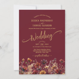 Rustic Burgundy Boho Wildflowers Elegant Wedding 招待状