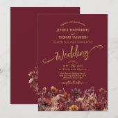 Rustic Burgundy Boho Wildflowers Elegant Wedding 招待状 (正面/裏面)