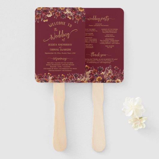 Rustic Burgundy Boho Wildflowers Wedding Program ハンドファン (正面&裏面)
