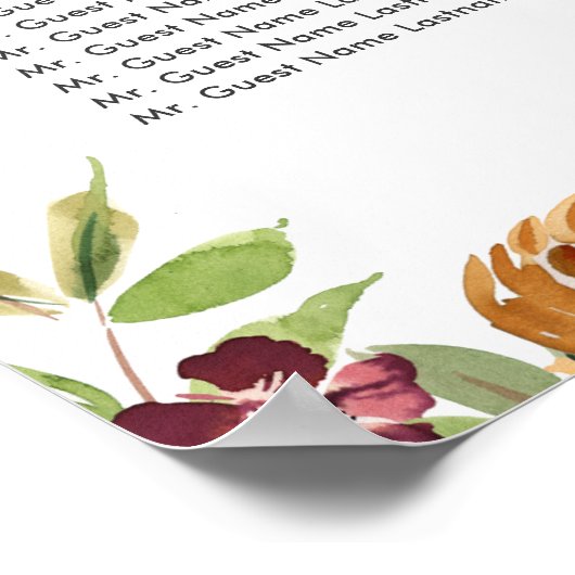 Rustic Burgundy Fall Floral Wedding Seating ポスター (角)