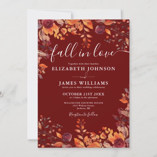 Rustic Burgundy Fall In Love Autumn Floral Wedding 招待状 (正面)