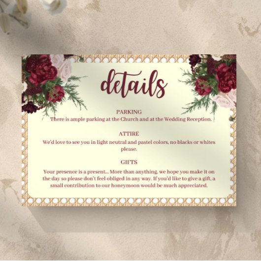 Rustic Burgundy Floral Wedding Details Card 出欠カード