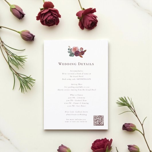 Rustic Burgundy Floral Wedding Info Card エンクロージャーカード