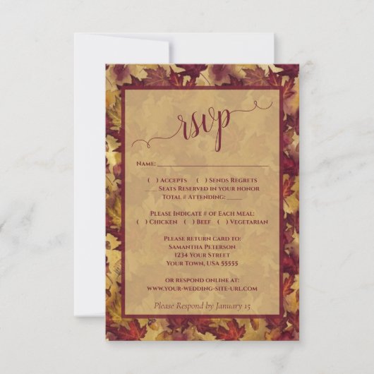 Rustic Burgundy & Gold Autumn Leaves Wedding 出欠カード (正面)