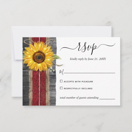 Rustic Burgundy Lace Watercolor Sunflower Wedding 出欠カード (正面)