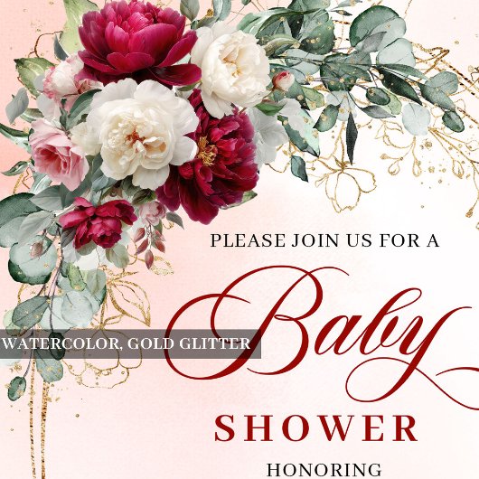 Rustic Burgundy Peony Gold Baby Shower Invite 招待状