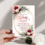 Rustic Burgundy Peony Gold Baby Shower Invite 招待状