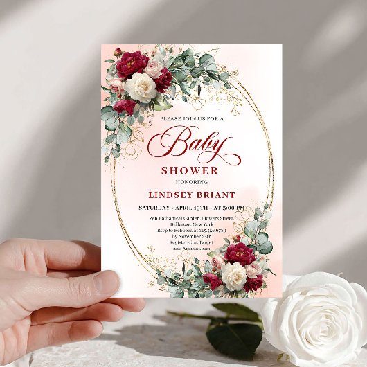 Rustic Burgundy Peony Gold Baby Shower Invite 招待状