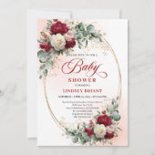 Rustic Burgundy Peony Gold Baby Shower Invite 招待状 (正面)