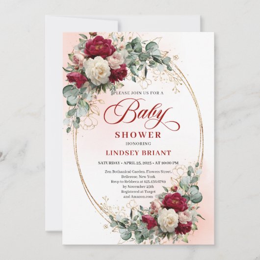 Rustic Burgundy Peony Gold Baby Shower Invite 招待状 (正面)