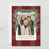 Rustic Burgundy Plaid Greenery Christmas Photo シーズンカード (正面)