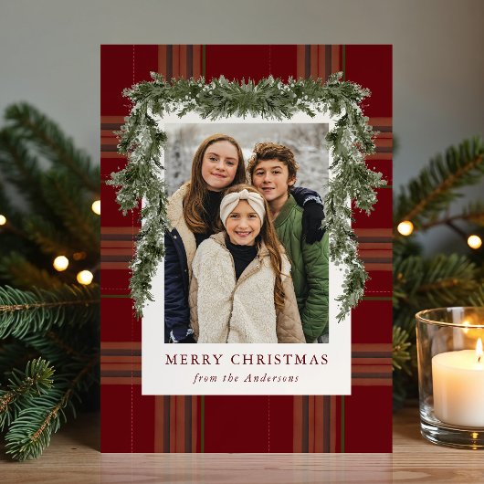Rustic Burgundy Plaid Greenery Christmas Photo シーズンカード