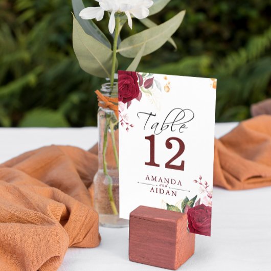 Rustic Burgundy Red Rose Floral Wedd  Table Number テーブルナンバー