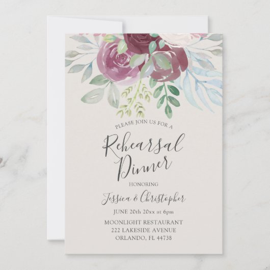 Rustic Burgundy Rose Wedding Rehearsal Dinner 招待状 (正面)