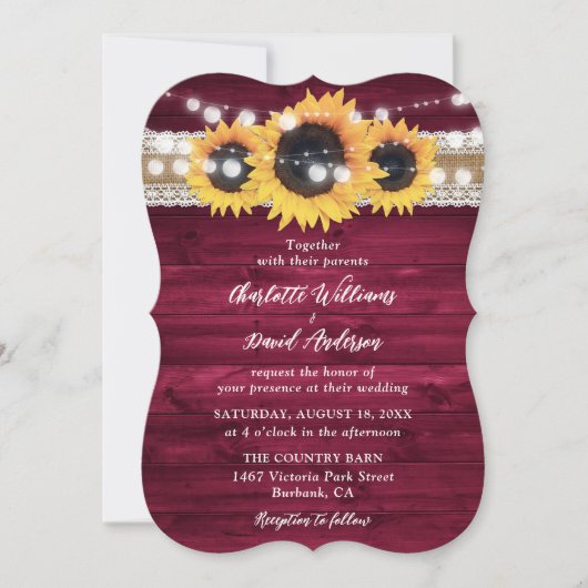 Rustic Burgundy Sunflower Wood Wedding 招待状 (正面)
